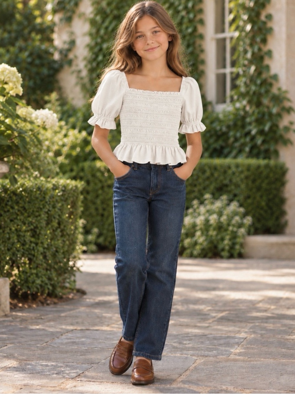Polo Ralph Lauren Girls White Smocked Cotton Jersey Peplum Top Size L(12-14)